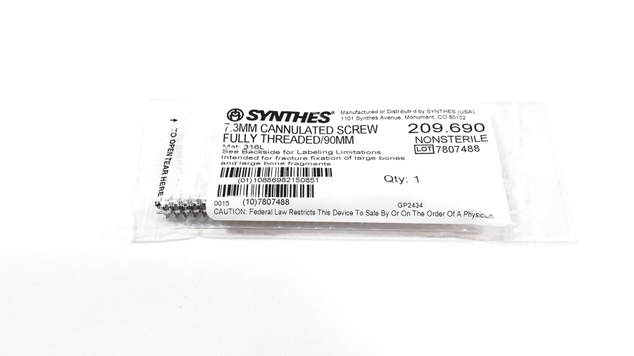 Synthes 7.3mm Cannulated Screw Fully Threaded 90mm