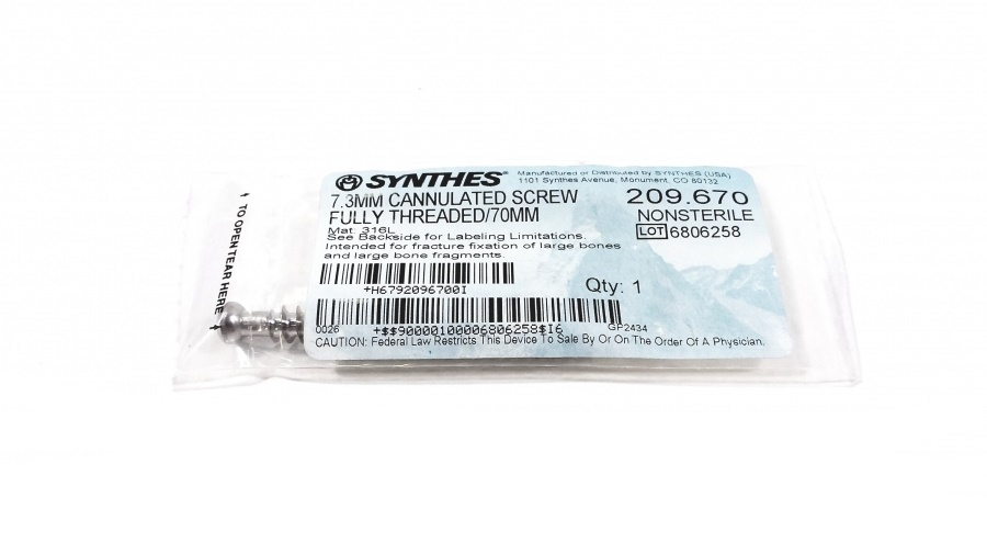 Synthes 7.3mm Cannulated Screw Fully Threaded 70mm