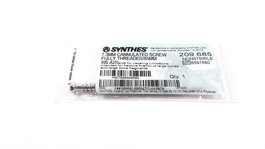 Synthes 7.3mm Cannulated Screw Fully Threaded 85mm