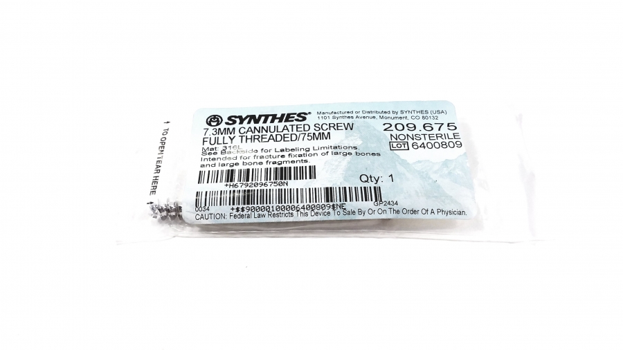 Synthes 7.3mm Cannulated Screw Fully Threaded 75mm