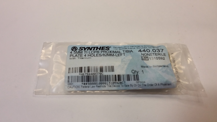 Synthes 4.5mm Titanium Proximal Tibia Plate, 4 Hole, 82mm, Left