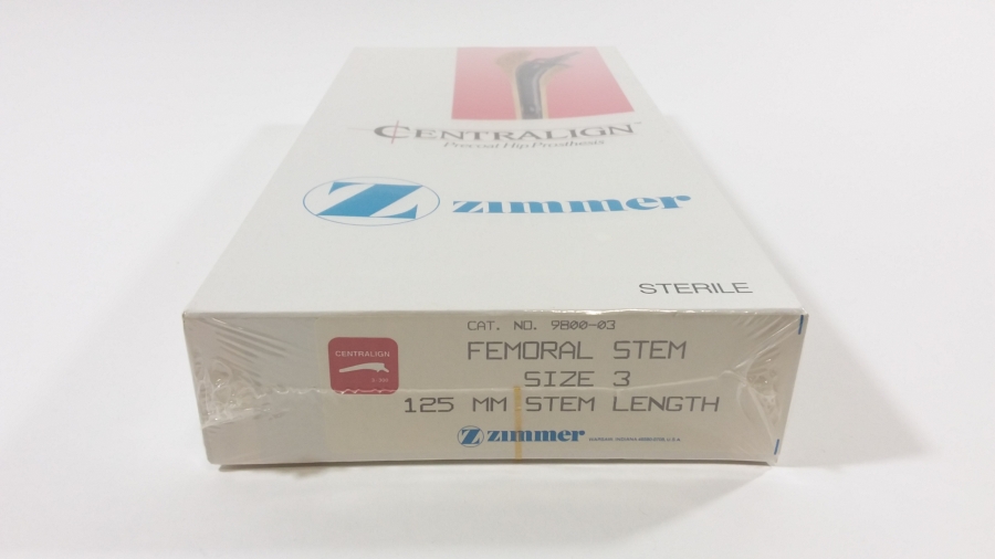 Zimmer Centralign Prect Hip Femoral Stem, Size 3, 125 mm L Strl