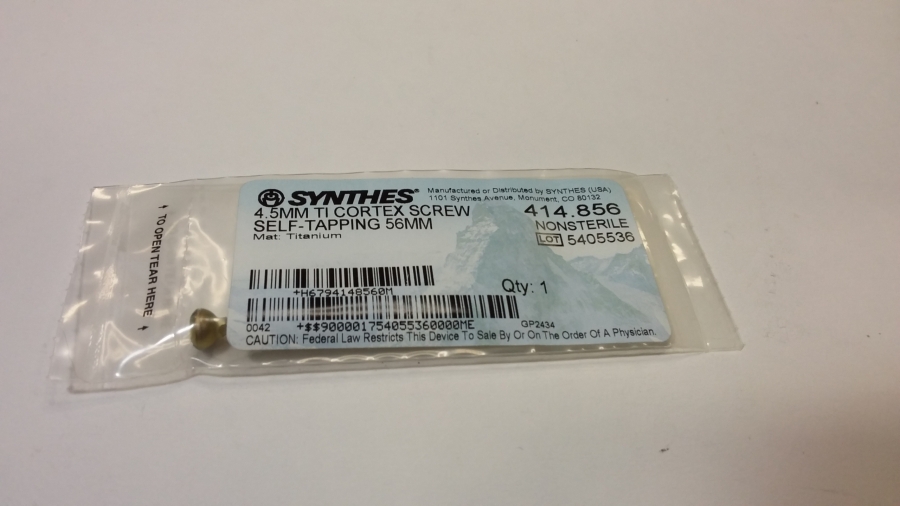 Synthes 4.5mm Titanium Cortex Screw, Self-tapping 56mm